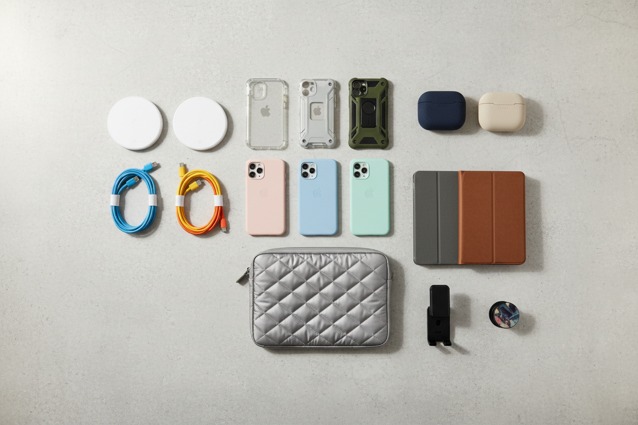 generate me an image including a variety of technology accessories like cases and adds