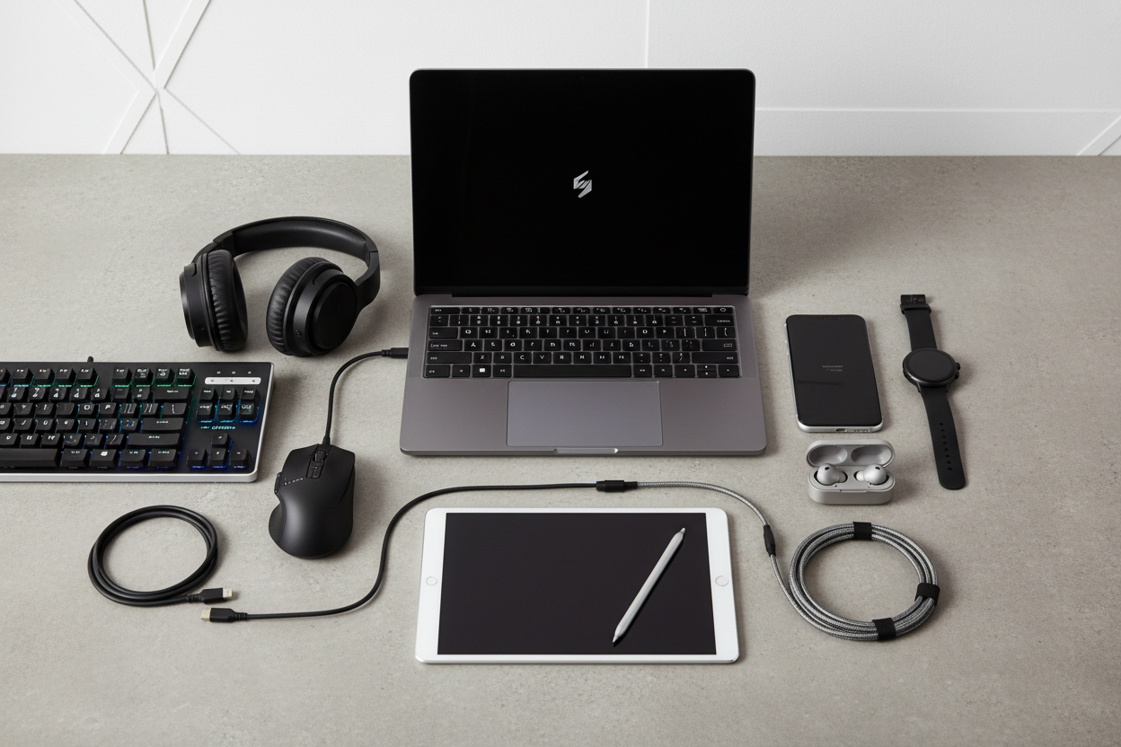 make me an image that has a variety of staple technology like headphones, keyboards etc.